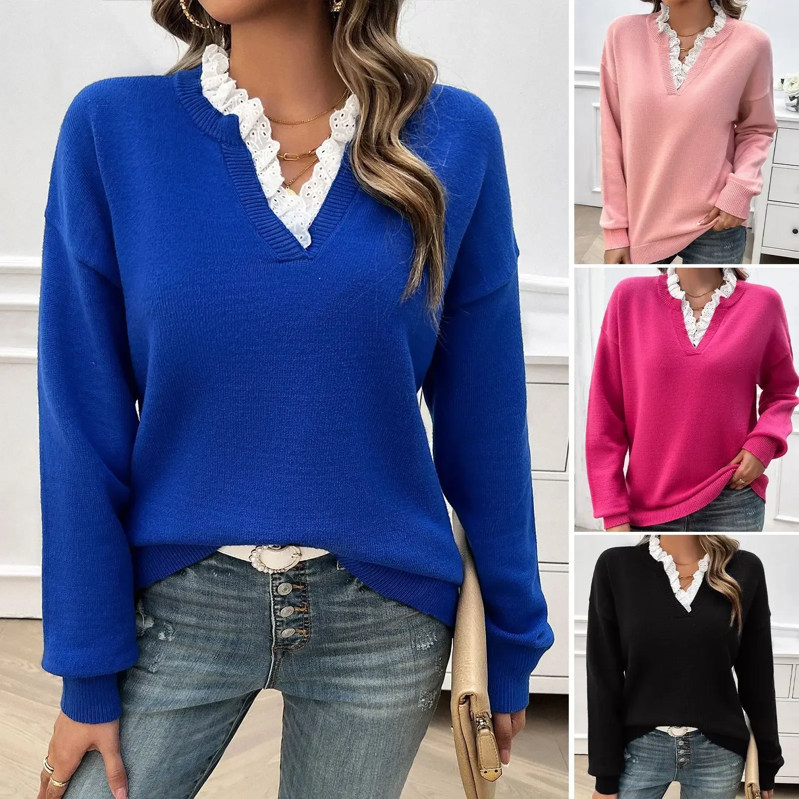 

Pop 2025 New Autumn Winter Women's Sweater Female Contrast Lace V-neck Knit Pullovers Lady Long Sleeve Tops Warm Women's Knitwea