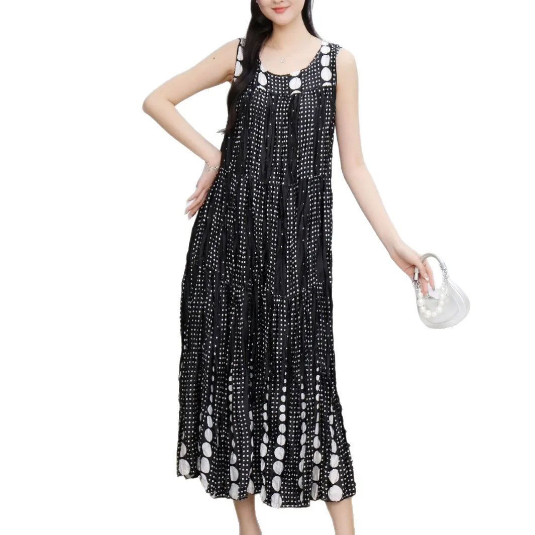 주름진 레트로 폴카 도트 드레스 여성 여름 편안한 매력적인 경량 민소매 해변 휴가 스타일 빅 스윙 스커트