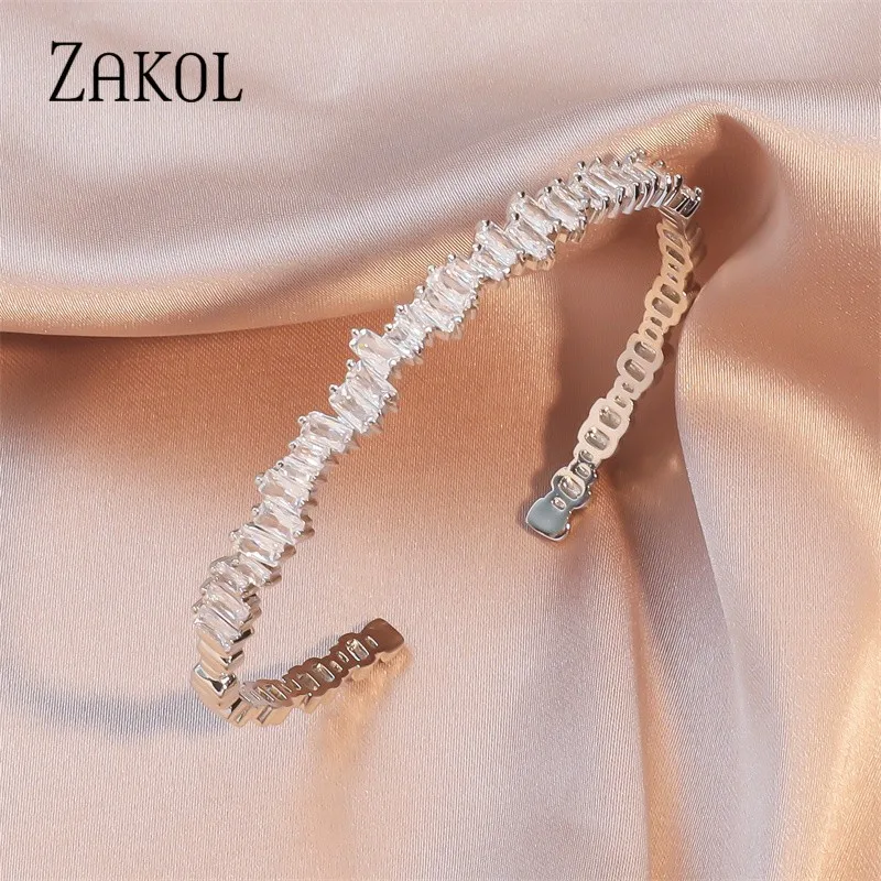 ZAKOL Fashion Cubic Zirconia Decor Cuff Bangle For Women Trapezoidal Zircon Bracelets Party Banquet Wedding Gift