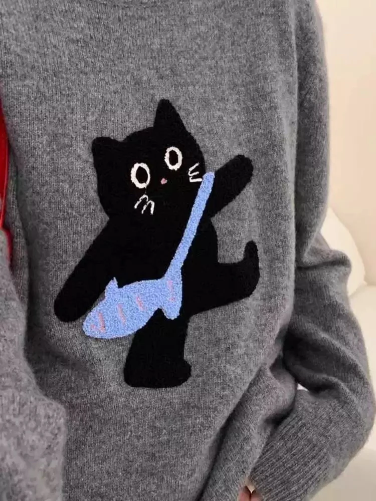 かわいい猫プリントセーター女性の秋冬ソフトニットプルオーバー多用途カジュアル暖かいベースレイヤートップ漫画ジャカードニットウェア