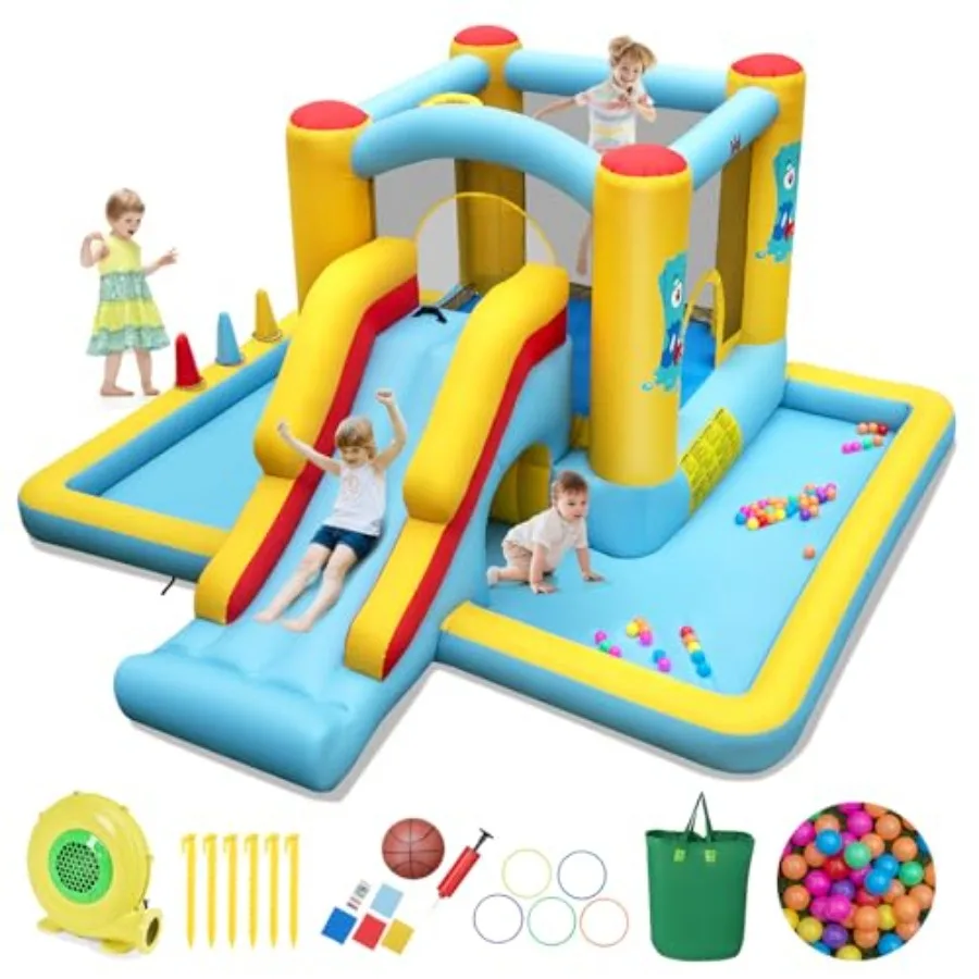 

Inflatable Bounce House with Ball Pit Long Slide and Tunnel Bouncy House for Aged 3+ Backyard Party Fun Bounce House with Slide