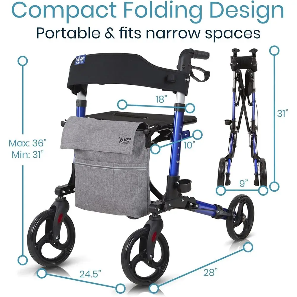 رولیتر قابل للطي بأربع عجلات مع مقعد وحقيبة - مساعد على التنقل من الألومنيوم للبالغين وكبار السن والمعاقين (أزرق) #5