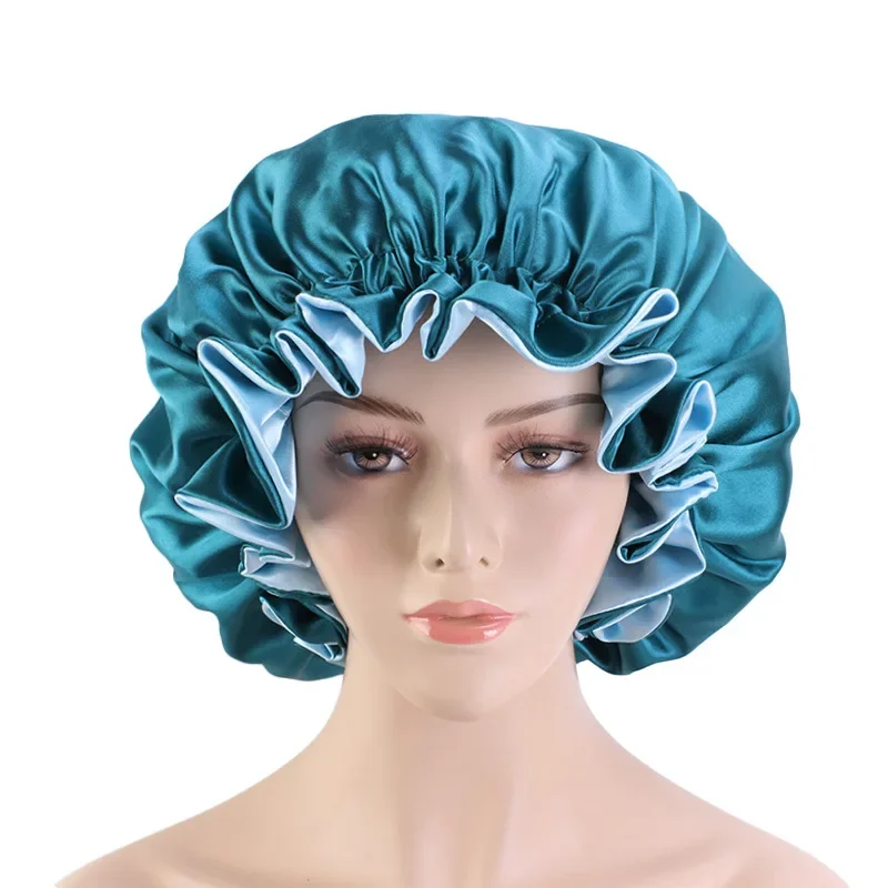 Satin Bonnet  Sleeping Cap Double Color Ding Big Lace Nightcap Extra Large Round Cap Hair Care Hair Shower Caps