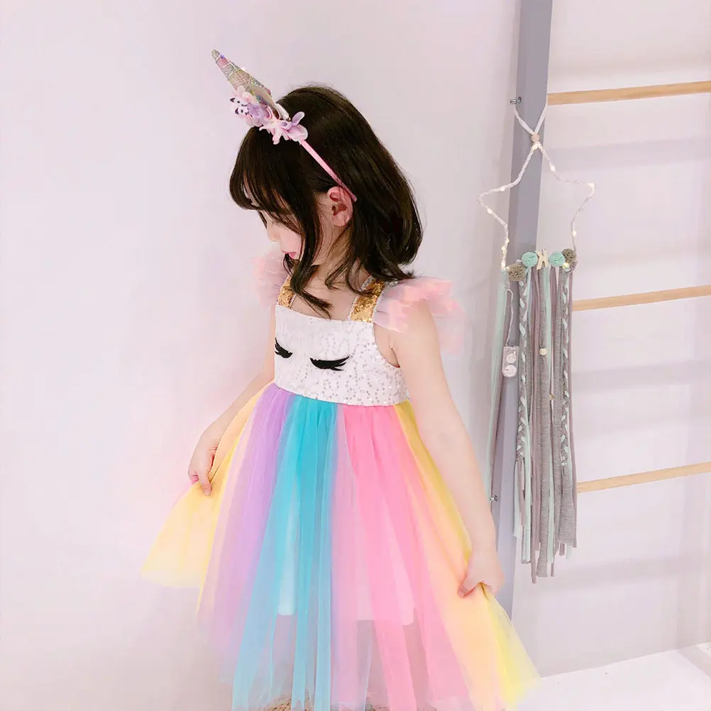 

Cartoon Eyelash Dress Girls Rainbow Tutu Skirt Birthday Party Costume 110Cm Performance Outfit Accessory Kids Clothing
