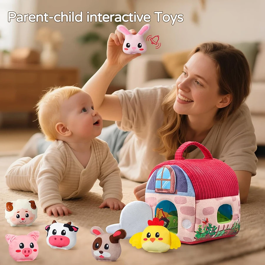 Giocattoli per bambini 6-12 mesi, giocattoli da fienile con animali da fattoria ripieni per i più piccoli 1-3 Alveare di peluche per bambini con sonagli Specchio battente