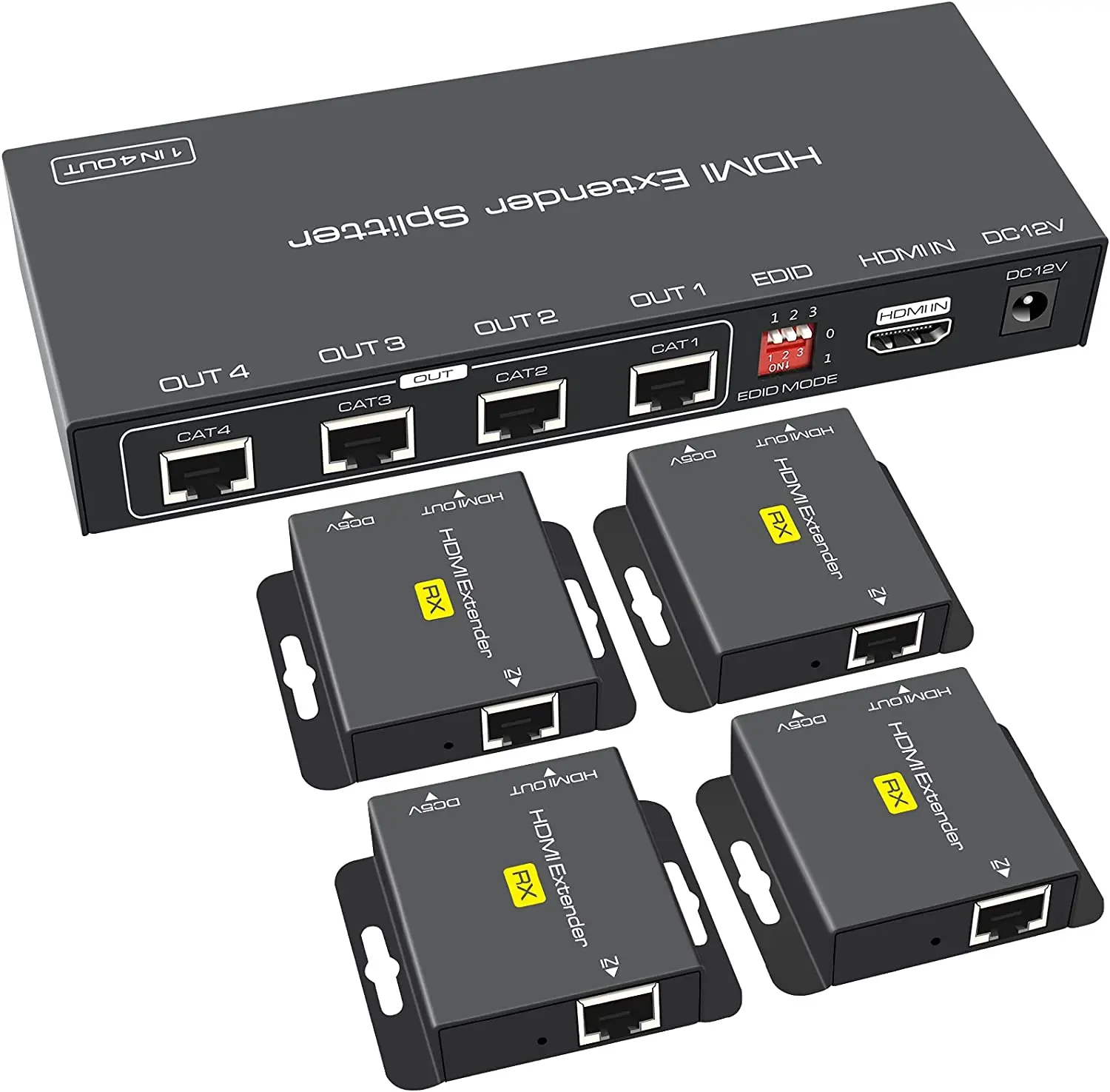 1 in 2 out HDMI Splitter Extender 1080P Up to 165ft 1 in 4 Out Over Cat5e/6/7 Support POC /EDID