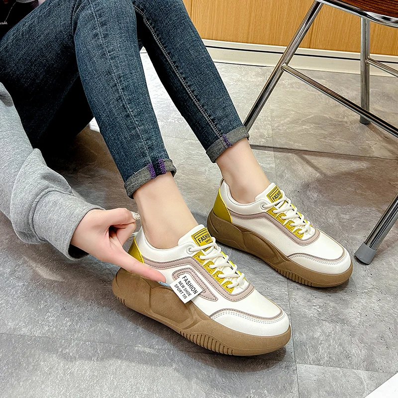 Thick Soled Leather PU Sneakers for Women Casual Sports Shoes for Women Comfortable Walking Sneakers Ladies Lace-Up Casual Shoes