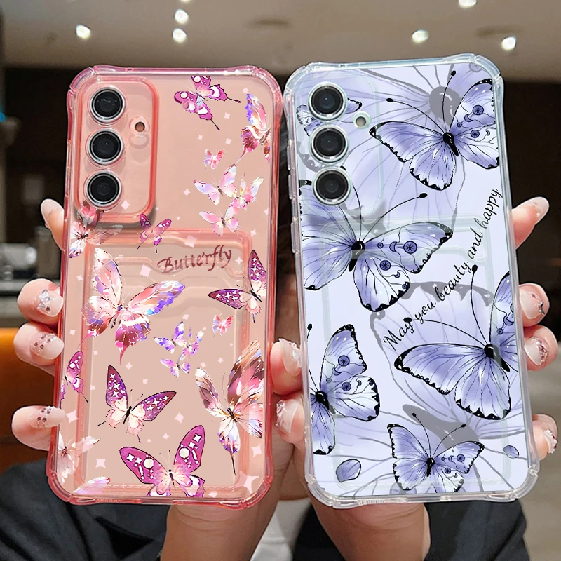 Card Slot Phone Case Samsung Galaxy S26 S25 S24 Ultra S23 S25 FE A57 A17 A56 A55 A37 A36 A16 A54 Pink Butterfly Print TPU Cover