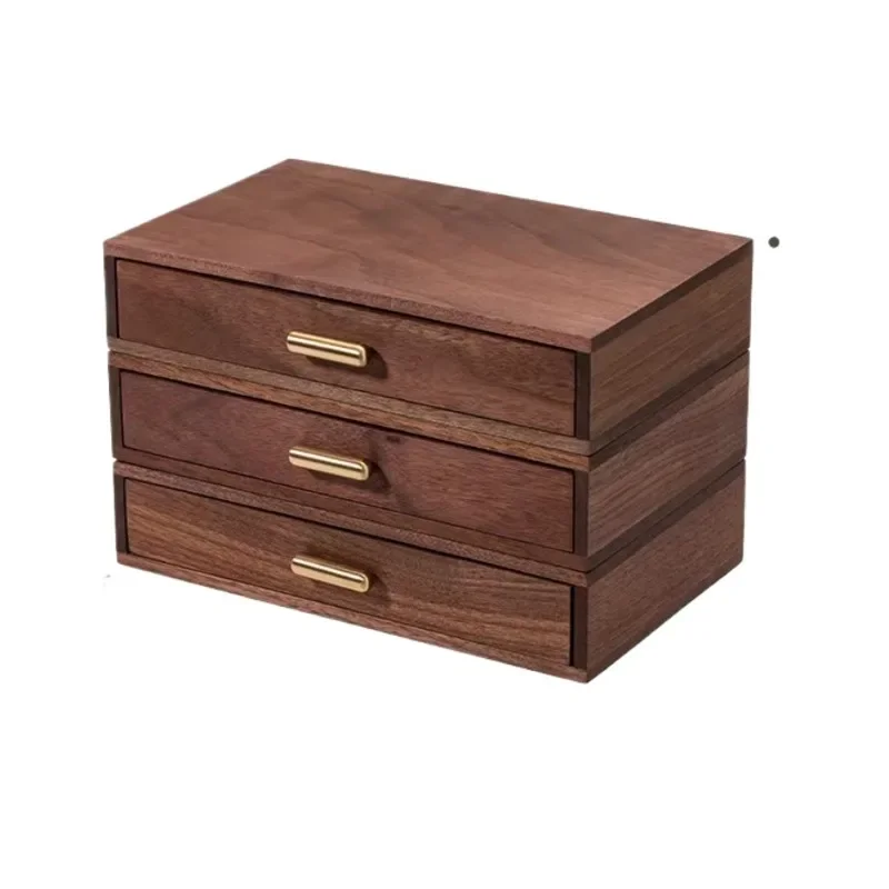 Advanced Sense Walnut Wood Storage Drawer Multilayered Cosmetic Box Retro Light Luxury Desk Organizer Brass Handle Jewelry Case