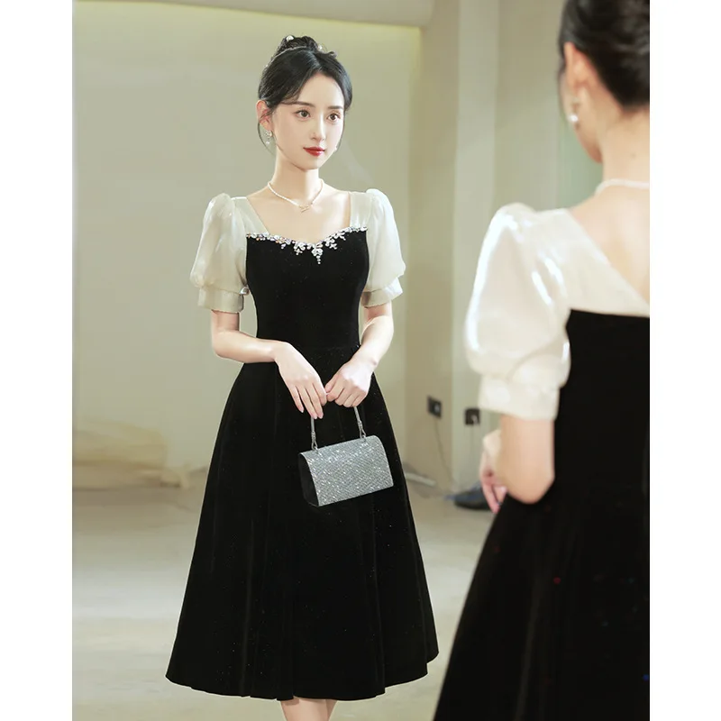 GIYSILE Abiti da sposa neri Abito da sposa a maniche corte per fidanzamento Abiti da sera con colletto quadrato Abiti da festa