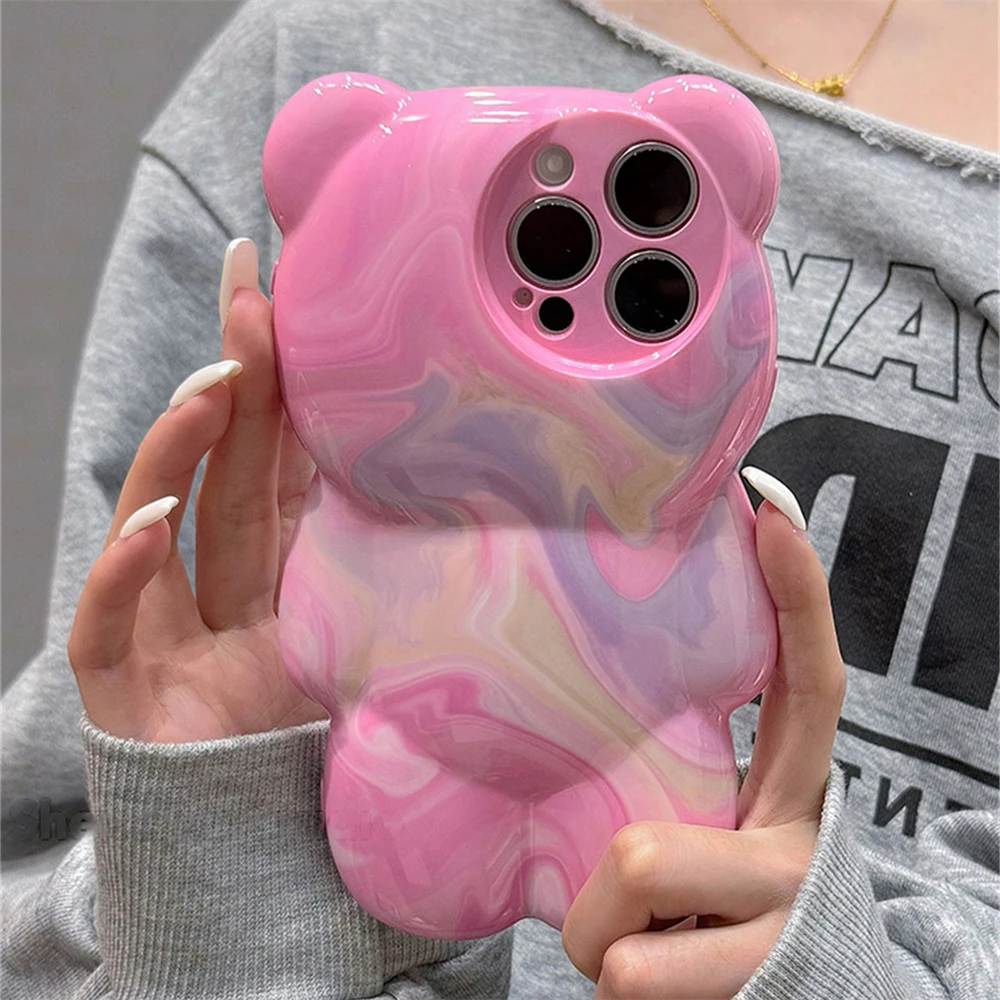 Korean Cute Pink Oil Painting 3D Bear Phone Case For iPhone 15 14 13 12 11 Pro Max Stylish Silicone Shockproof Soft Cover Funda