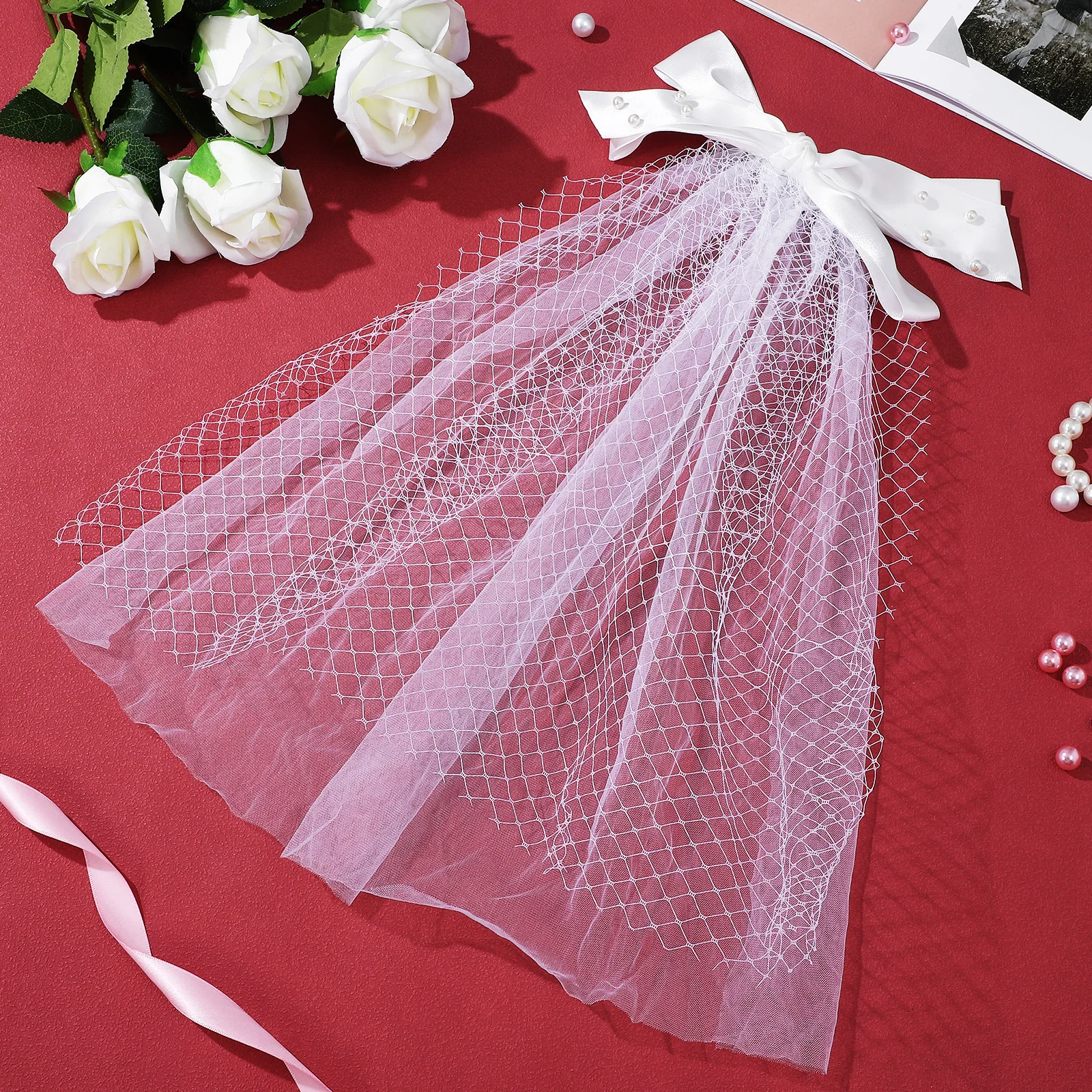 

Bridal Veil Pearl Bowknot Short Mesh Tulle Wedding Hair Accessory Hidden Clip Elegant Layering for Bride Bridal Shower