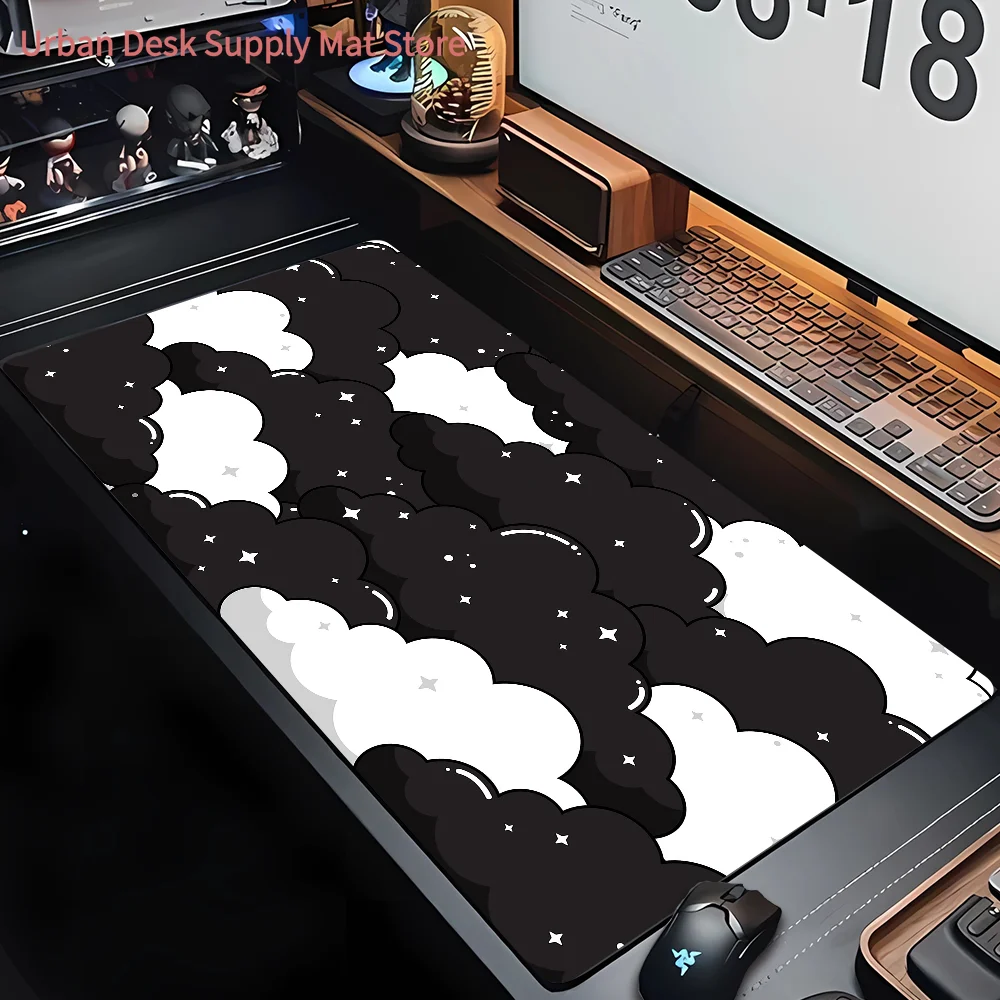 Pad Black & White Cloud Star Pattern - Non-Slip Waterproof Desk Mat for Office/Gaming/Home, Computer Laptop Mousepad