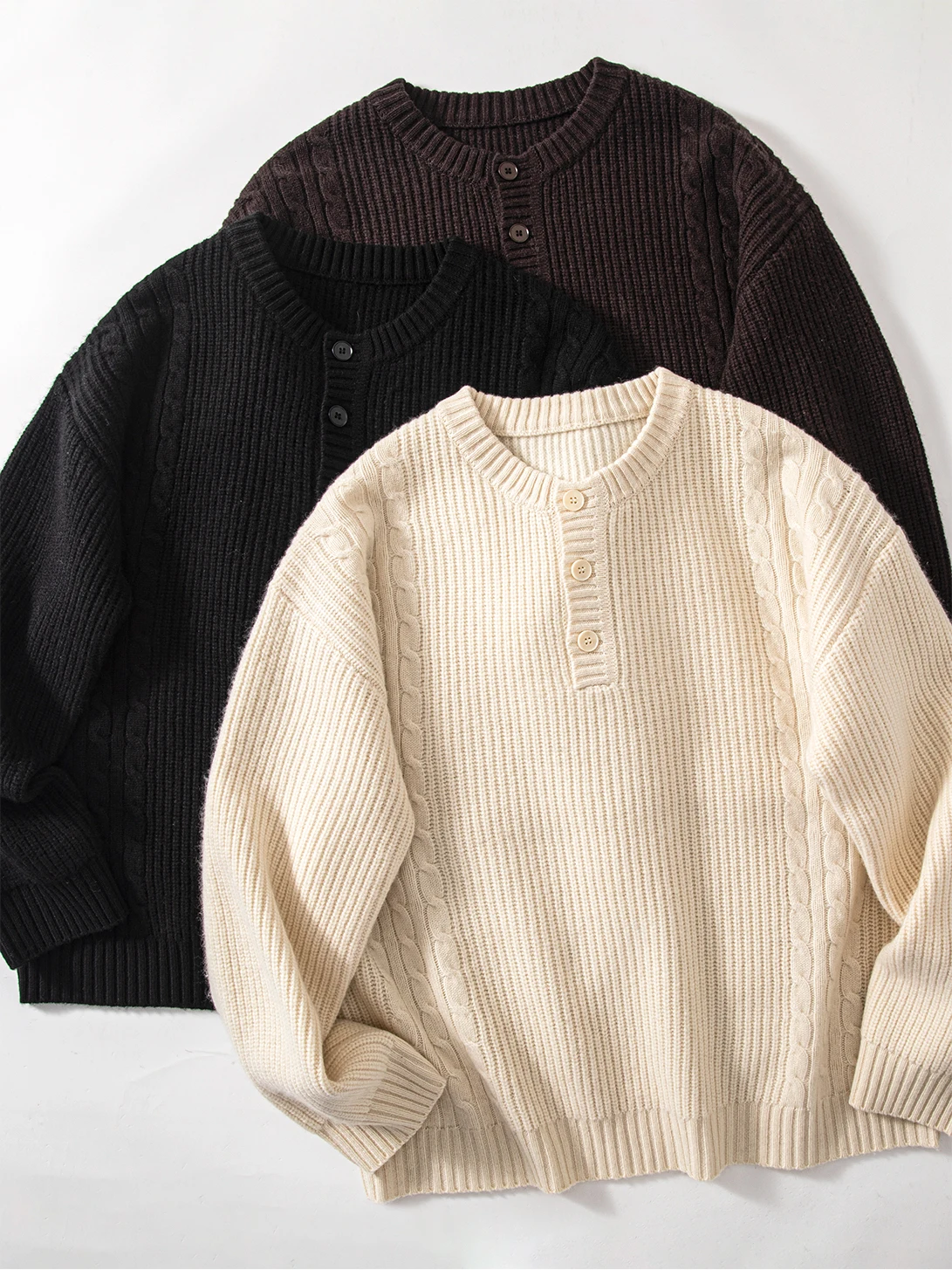 

Мужской теплый шерстяной свитер с воротником хенли, вязаный, с длинными рукавами, повседневный, комфортный, винтажный, зимний, в стиле кэжуал