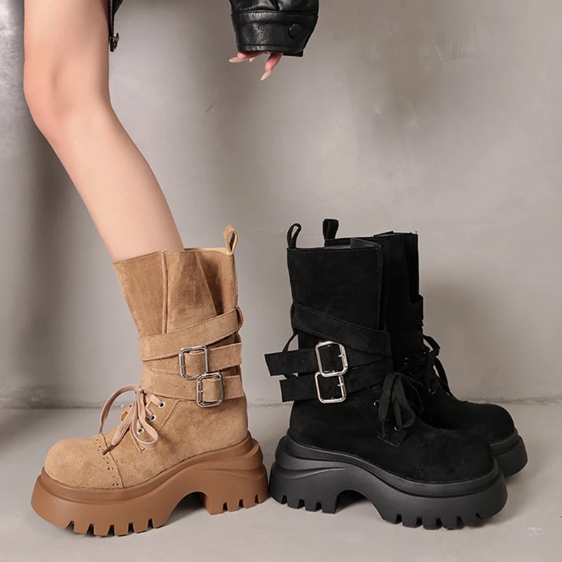 Botas de media caña para mujer, con plataforma, suela gruesa, punta redonda, hechas de ante sintético, con tiras de hebilla y cordones, suela con relieve, ideales para el otoño e invierno, para uso urbano.
