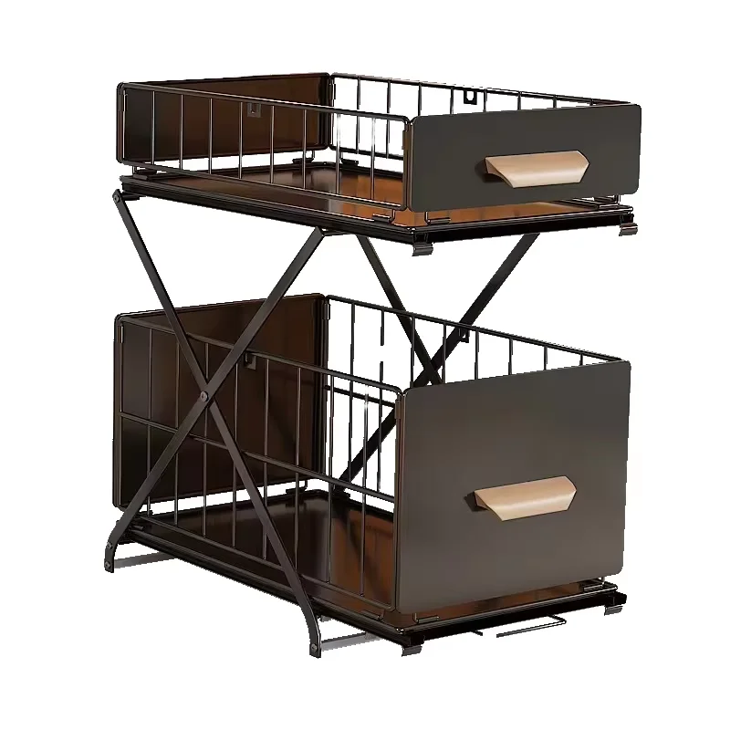Foldable Metal Pull Out Adjustable Height 2 Tier Under Sink Storage Organizer With Sliding Drawer