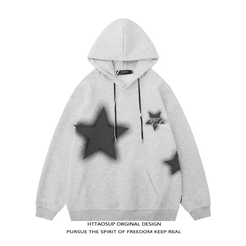 

American vintage star patch embroidered hooded sweatshirt for men and women in autmn and winter loose high street couple jackets