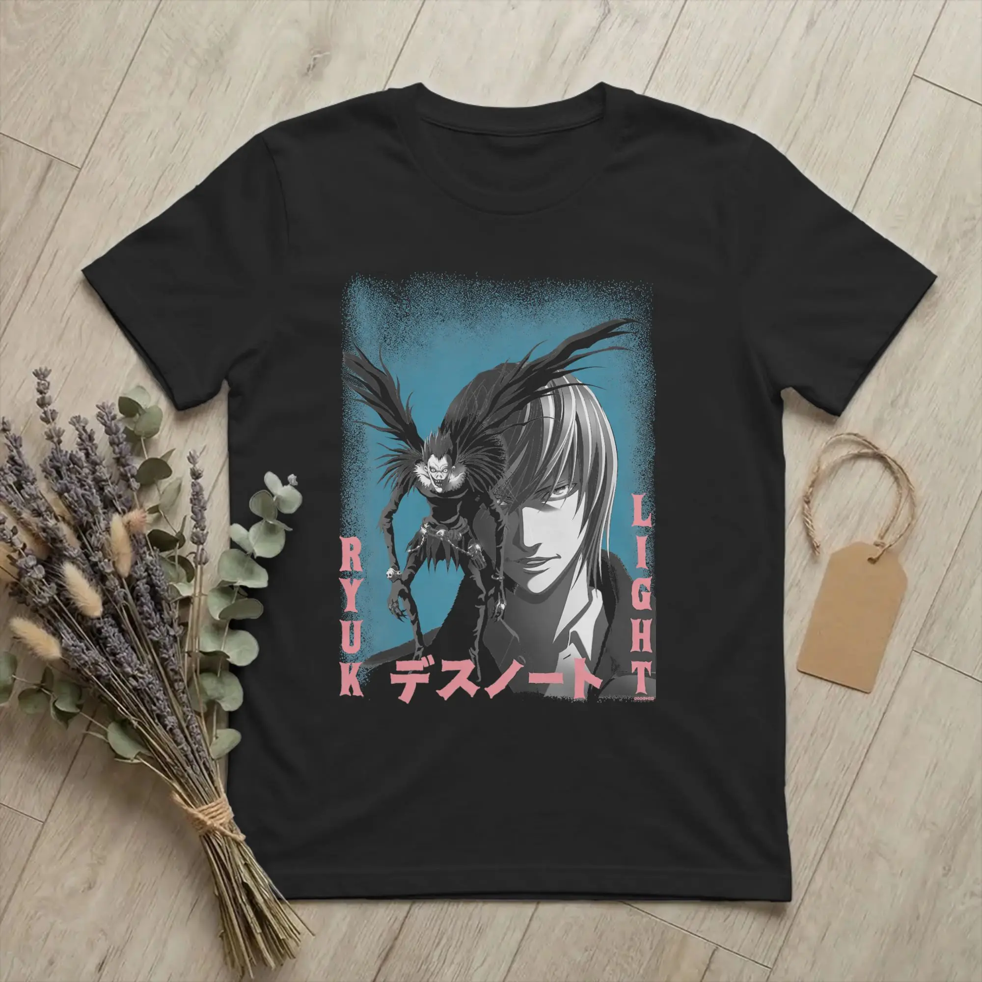 Streetwear Death Note Pink and Blue Horror Poster Anime T Shirt Men Cotton Short Sleeve  Round Neck Summer Tops