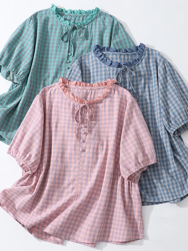 

Summer New Plaid Short Sleeve Shirt with Lace Collar Loose Fit Women's Large Size Casual Top Age-Defying Stand Collar Blouse