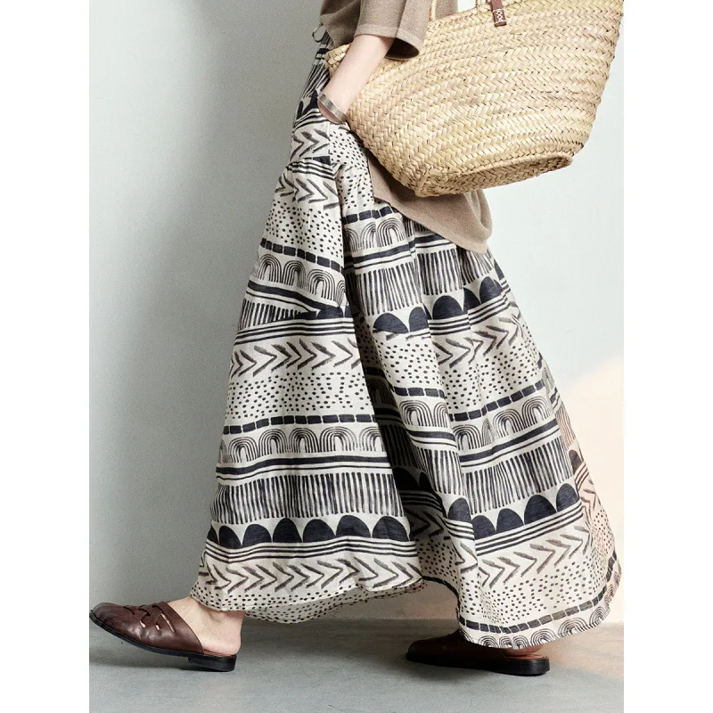 Women's Boho Geometric Print Tiered Maxi Skirt, High Waist Drawstring A-Line Long Skirt, Casual Linen Blend Summer Beach Wear
