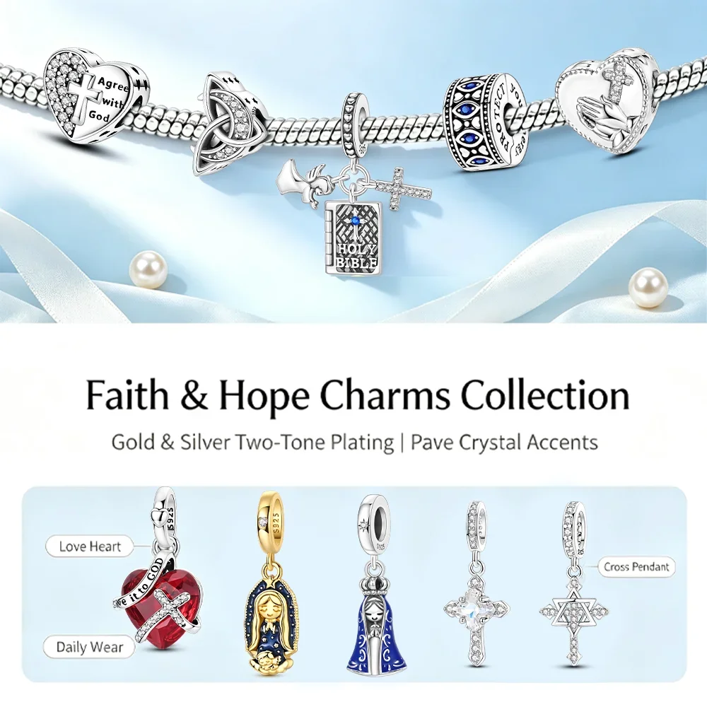 Faith Holy Bible Virgin Mary Golden Silver Charms Beads Fit Bracelets Bag Keychain Diy Women Gift Accessory Pendant Jewelry