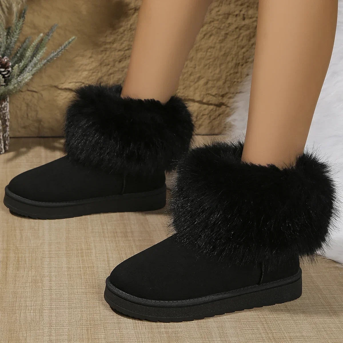 Shoes for Women Winter Women's Boots Black Round Toe Solid Flock Plush Warm Mid Heel Water Proof Casual Snow Boots Women Size