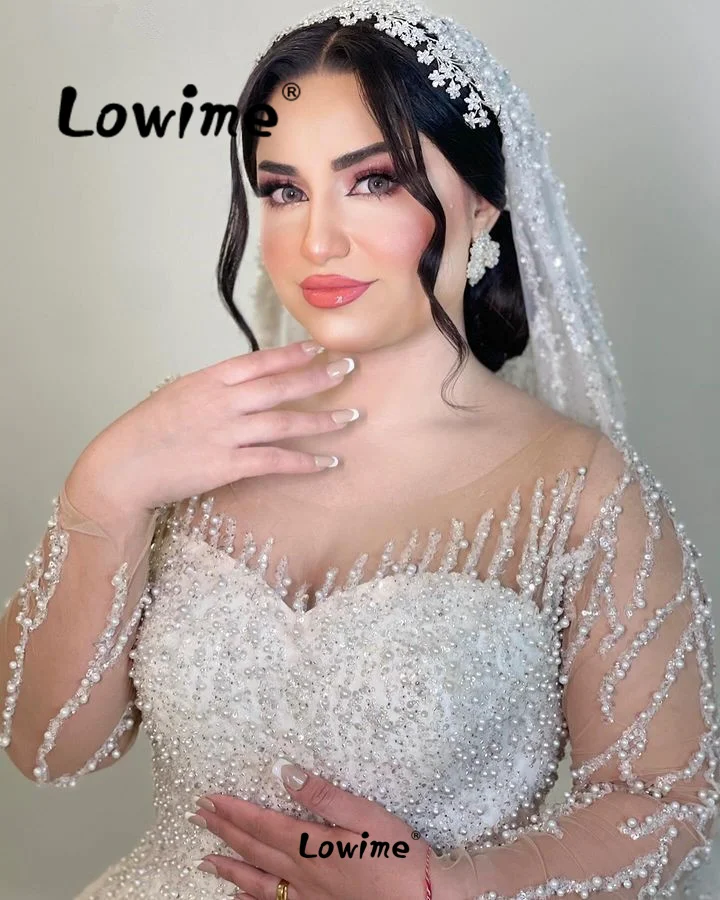 Vestido De Novia musulmán De manga larga, De línea A traje De Novia, cuentas Beige, perlas, personalizado, árabe, 2024