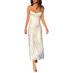 Women's Sexy V Neck Temperament Silky Slip Dress Trendy Casual Sleeveless Backless Summer Night Party Club Bodycon Flowy Dress