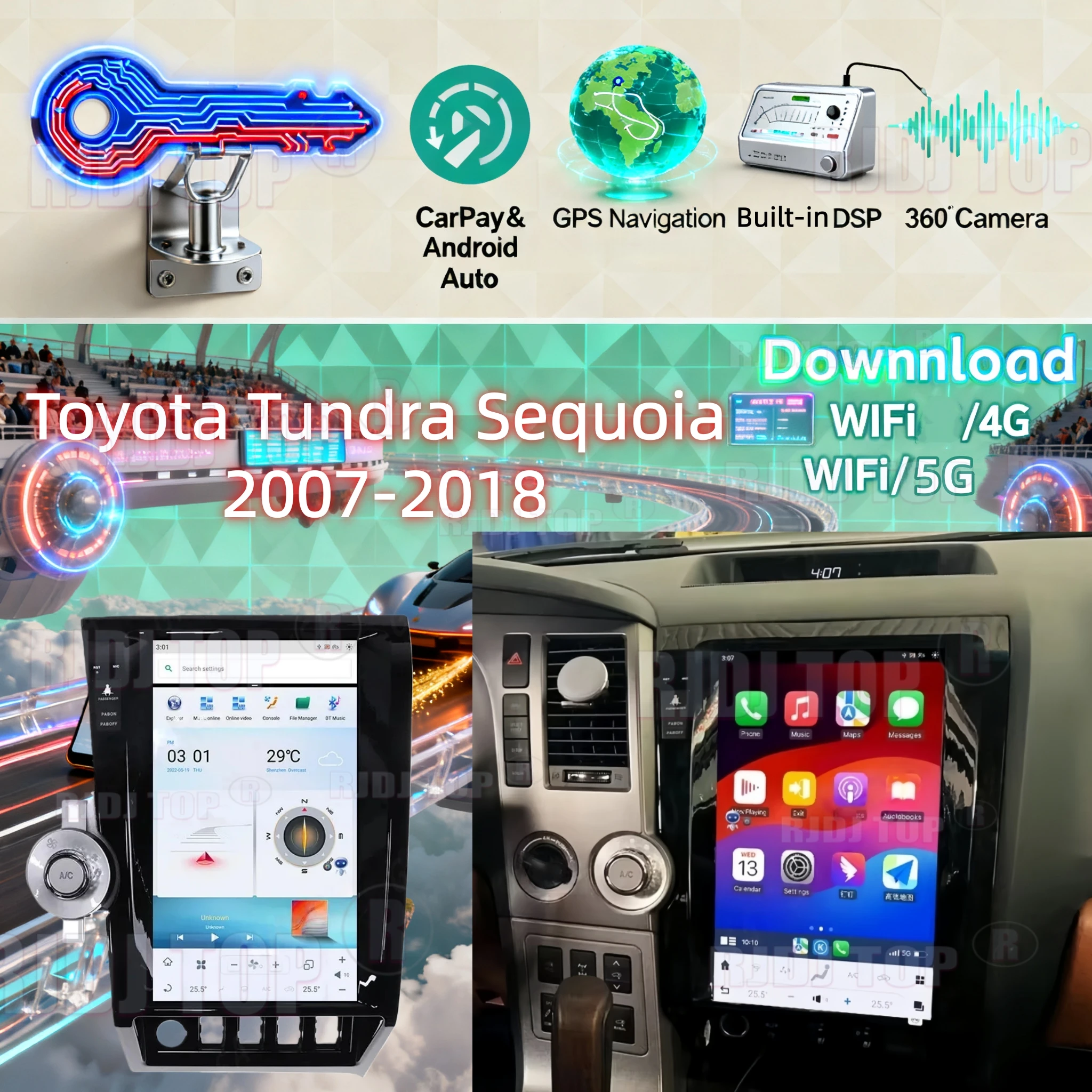 Para Toyota Tundra Sequoia 2007-2018 Radio de coche inalámbrico CarPlay Multimedia Android Auto pantalla táctil navegación GPS Bluetooth DSP