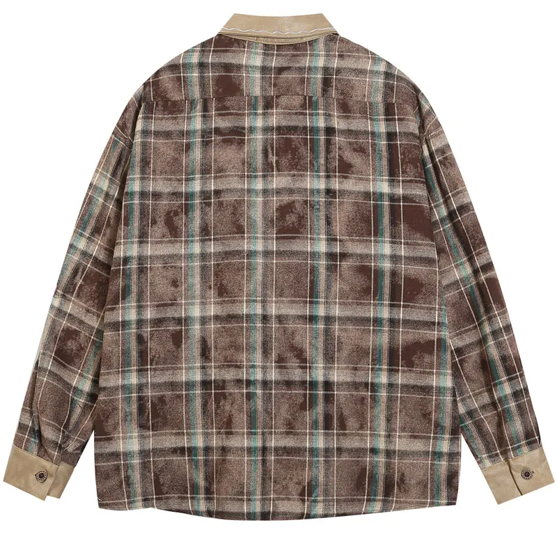 Vintage Plaid Shirt Y2K Embroidery Cartoon Patchwork Button Up Long Sleeve Cotton Blouse Harajuku Hip Hop Loose Tops Streetwear