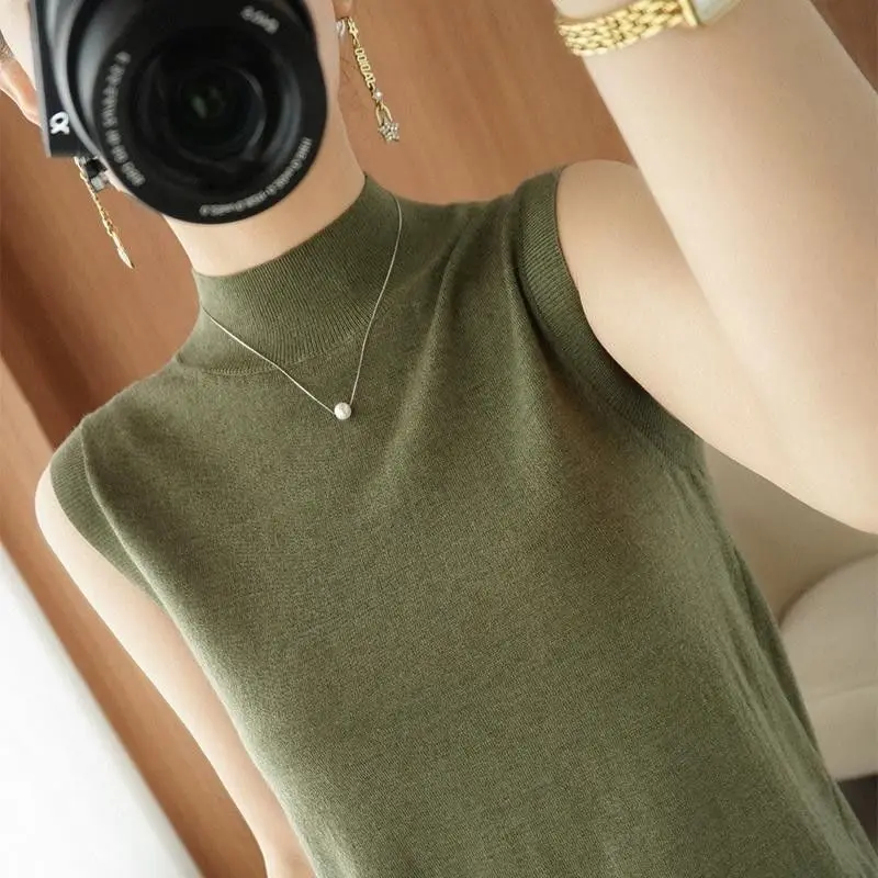 Women's 2024 Pullover Sleeveless Half High Neck Patchwork Versatile Ice Silk Knitted T-shirt Spring and Summer New Tank Tops