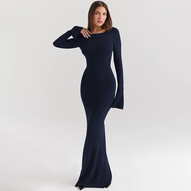 Autumn 2024 new solid color long dress with fashionable style and elegant temperament, backless slim fit long sleeved dress