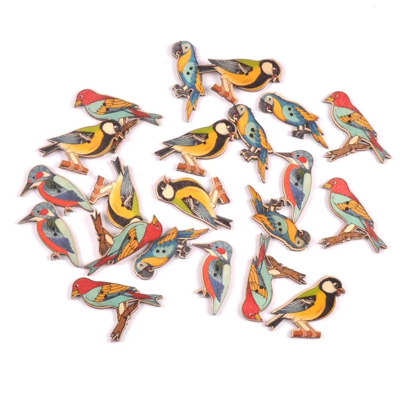 25pcs 2-4cm Mixed Bird Painting Wooden Decorative Buttons For Sewing Handmade Scrapbooking Crafts CP3453