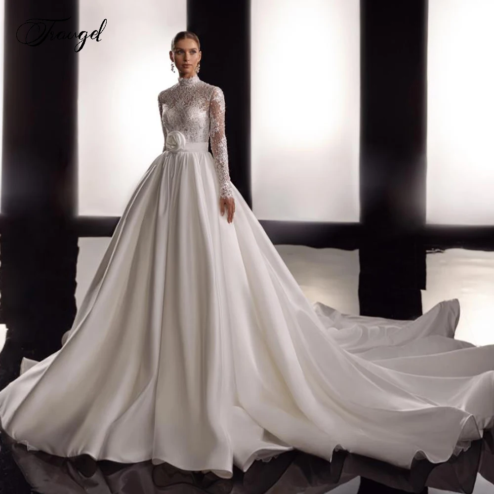 

Customized A-Line Delicate Wedding Dresses High Neck Vestido De Novia Lace Embroidery Matte Satin Vintage Robe De Mariee