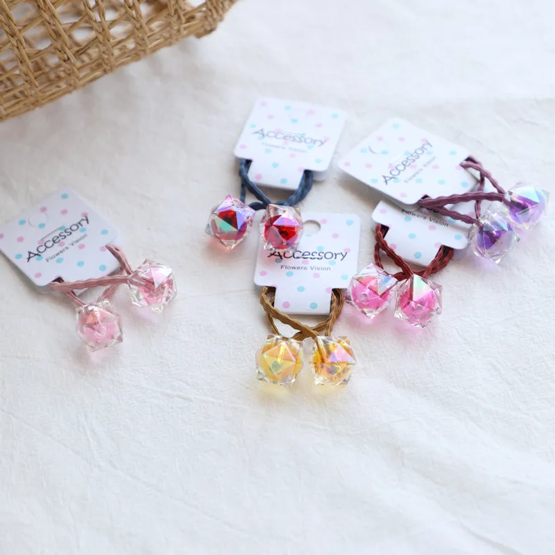 2pcs/lot Korean ornaments candy colored square rubber band children\'s hair ornaments beads hair rings double hair rope