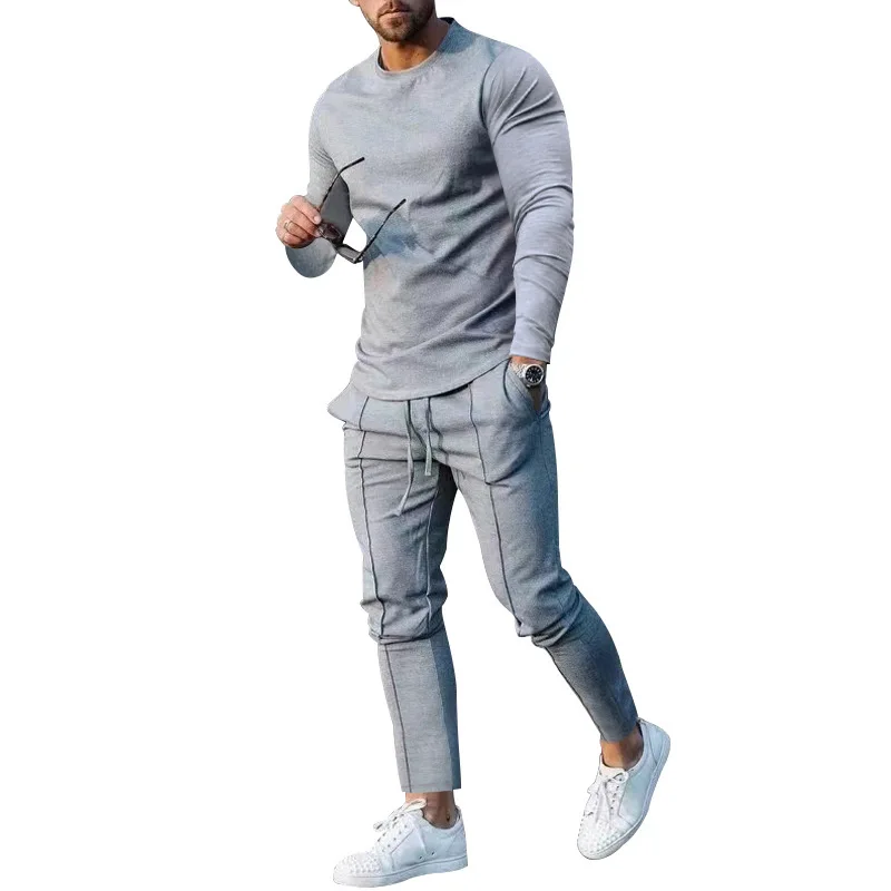 2024 spring two-piece set crew neck long-sleeved t-shirt trousers solid color casual men\'s suit