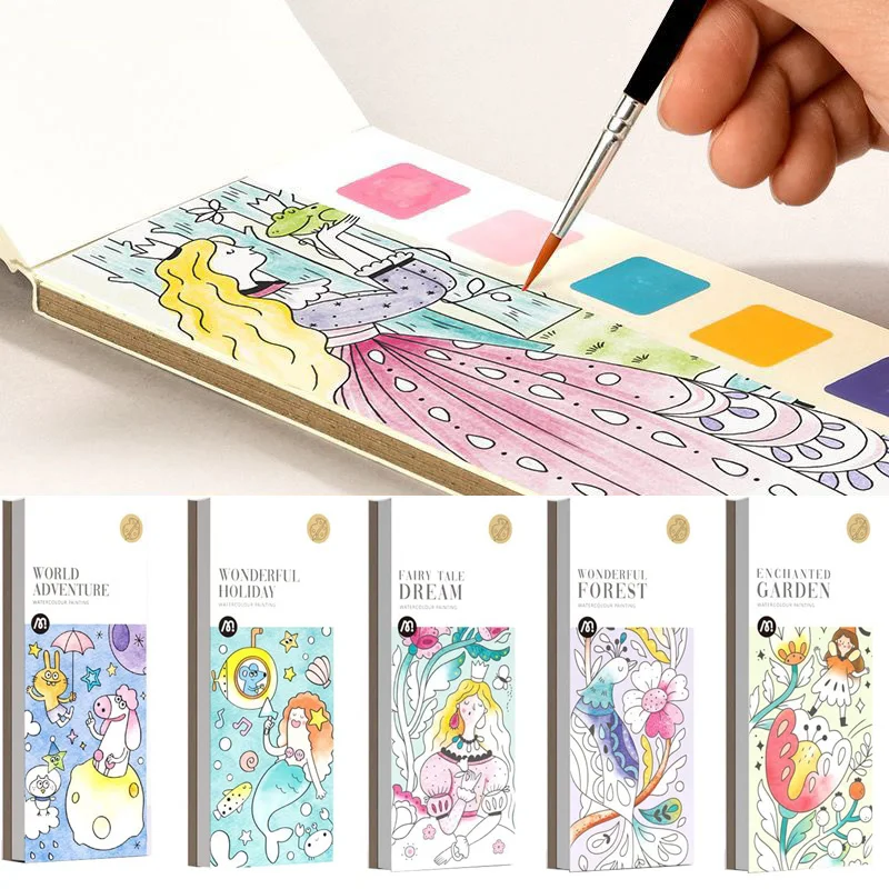 Mideer 20 Sheets Pocket Drawing Book 6 Colors Kids Girl Art Coloring Book with Brush Solid Watercolor Paint Set DIY Bookmark