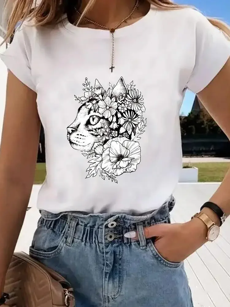 Camiseta feminina com manga curta, gato animal, roupa estilo adorável, camiseta feminina, camiseta gráfica para senhora, moda primavera e verão