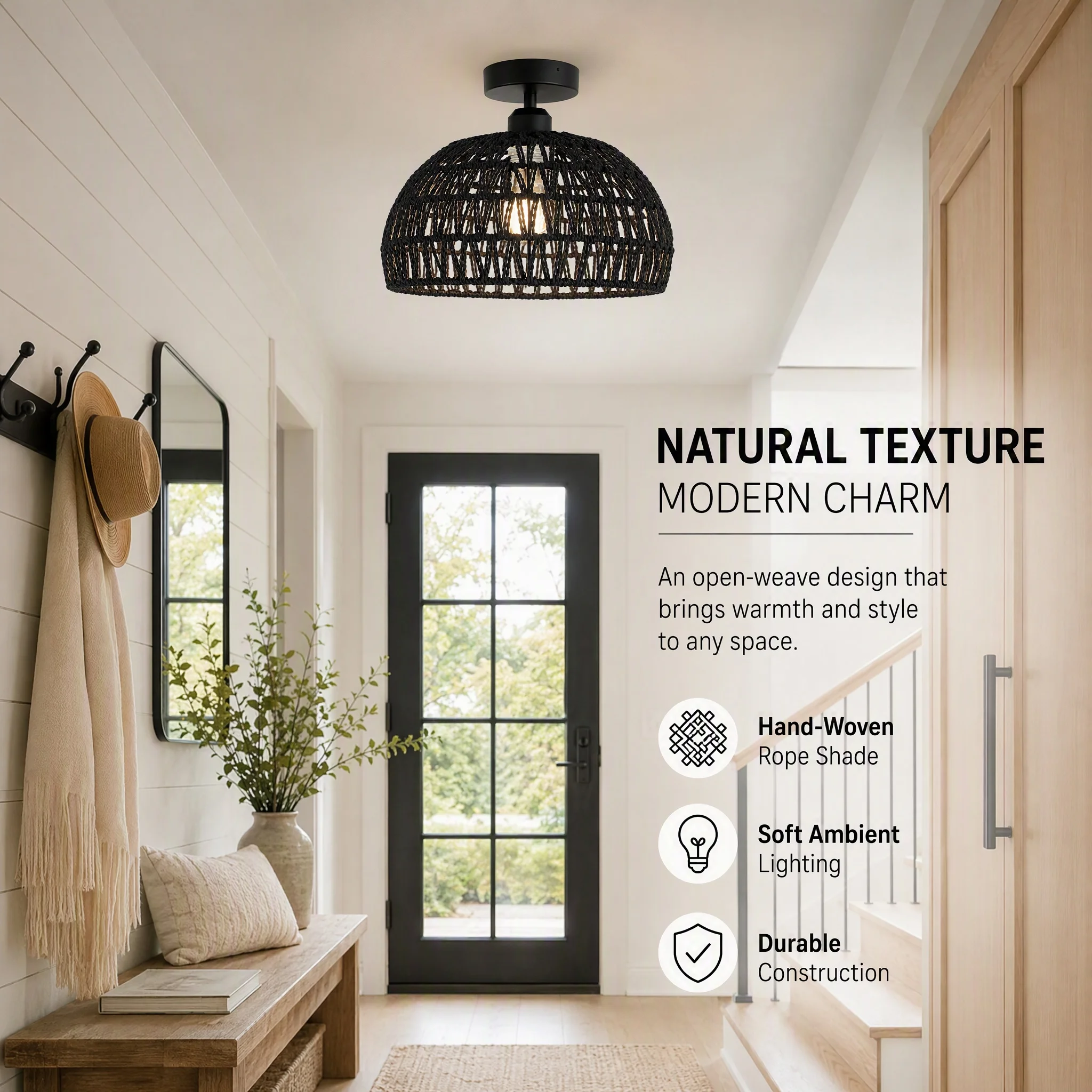 JOYINLED Modern Rattan Ceiling Lighting Fixtures Boho Lamp Shade Flush Mount Ceiling Light Hand Woven Chandelier for Bedroom