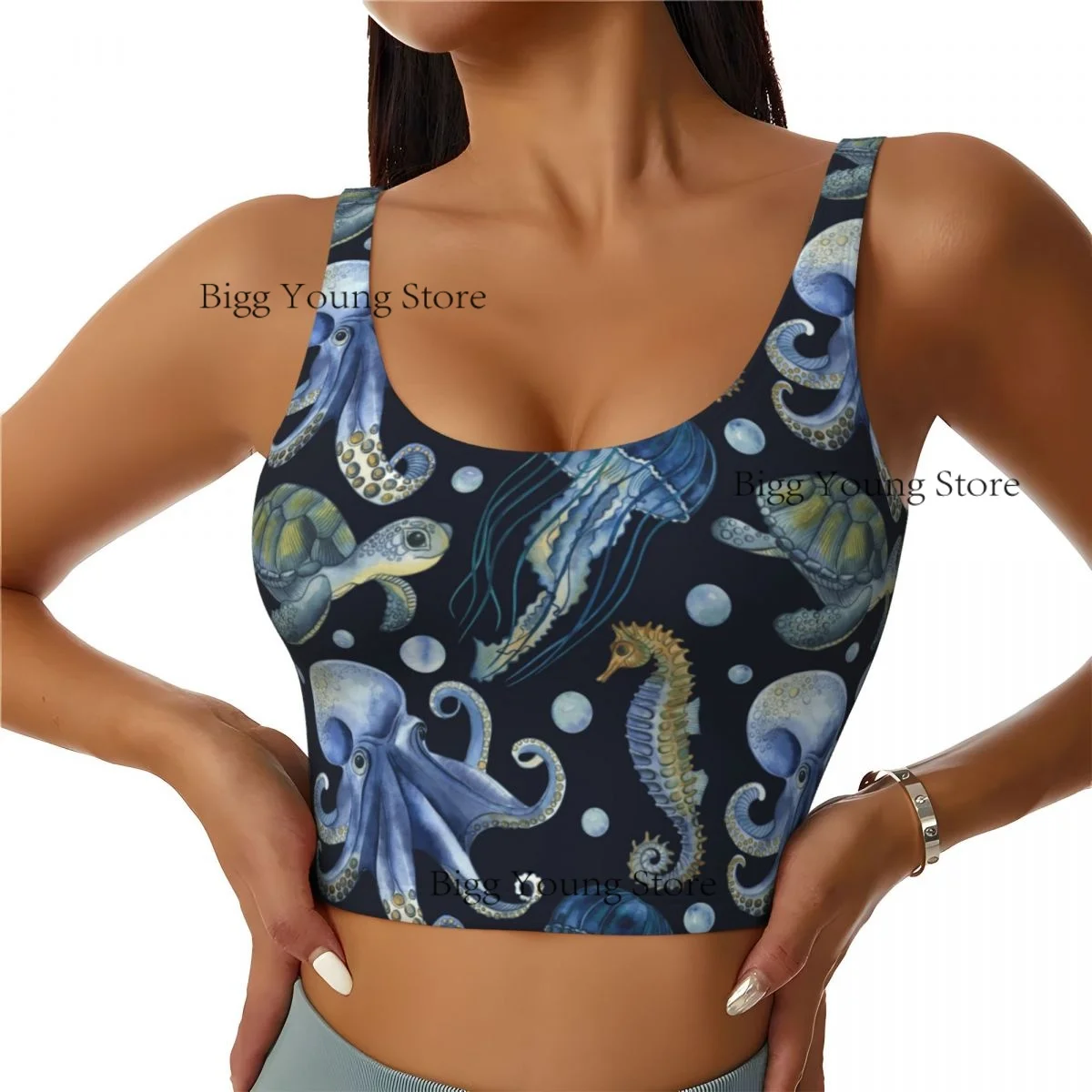 Women Sexy Sports Vest Seahorse Turtle Jellyfish Female Streetwear Sport Lingerie Tee Crop Top
