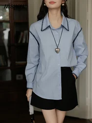 MISHOW Blue Shell Embroidered Shirt 2024 Autumn Loose Lapel Neck Drop Sleeves Shirts Loose Solid Chic Top Office Lady MXD44C0336