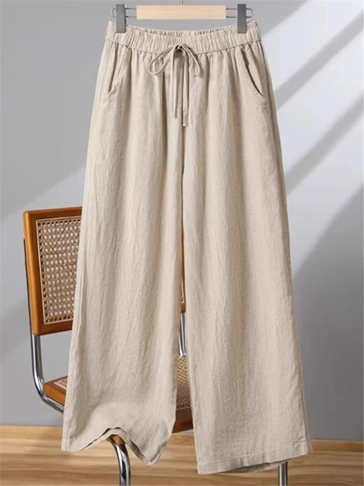 

Lightweight Loose Linen Summer Pants High Waist Wide Leg Bamboo Rayon 9 Point Trousers Straight-cut Full-size Mom Trousers
