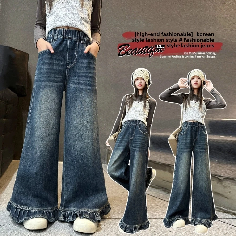 Pantalons à jambes larges pour adolescentes, longs, amples et droits, à volants, Cowboy, taille haute, pantalons en Denim pour filles, printemps automne