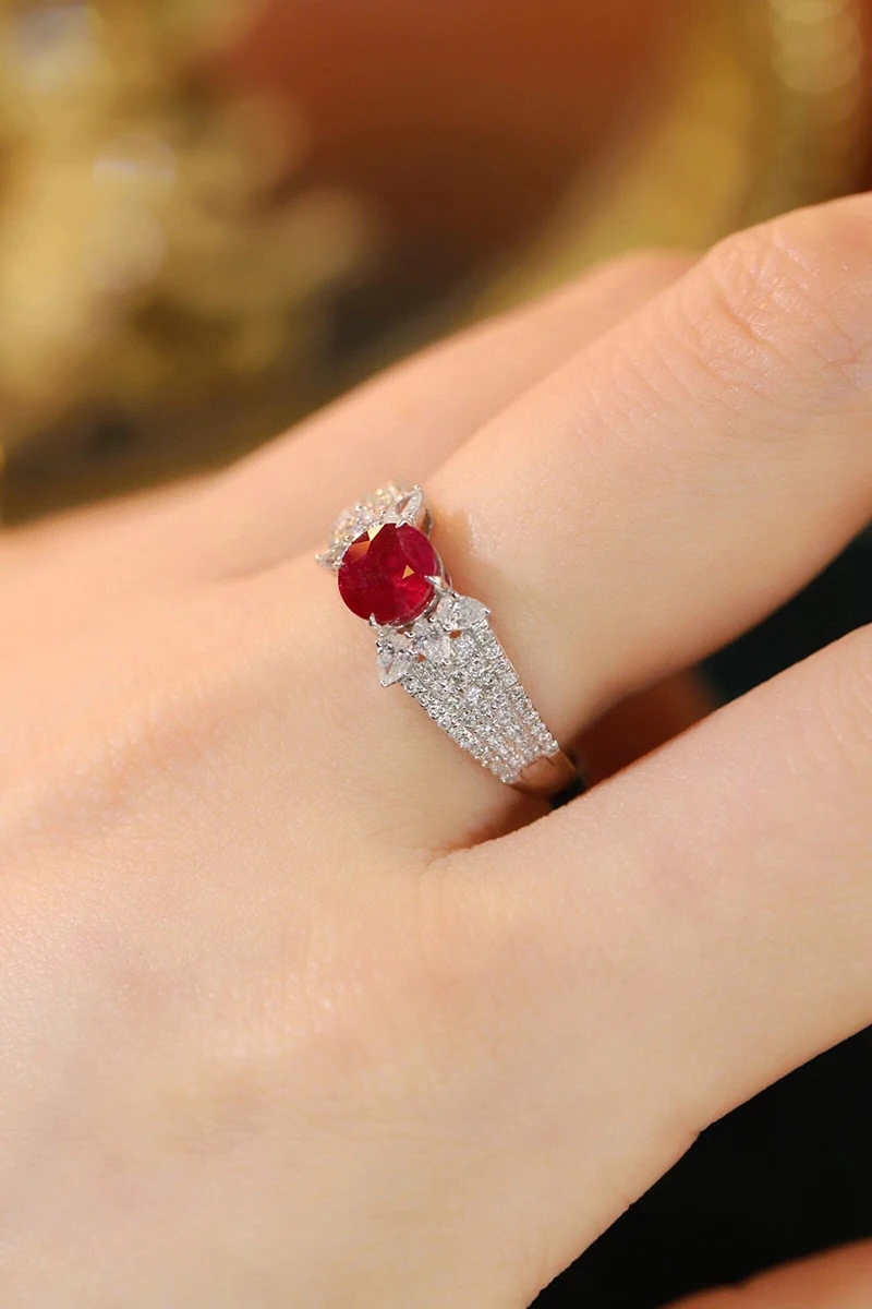 KUGG 100% 18K White Gold Rings Luxury Diamond Natural Ruby Engagement Ring for Women Elegant Shiny Design High Party Jewelry