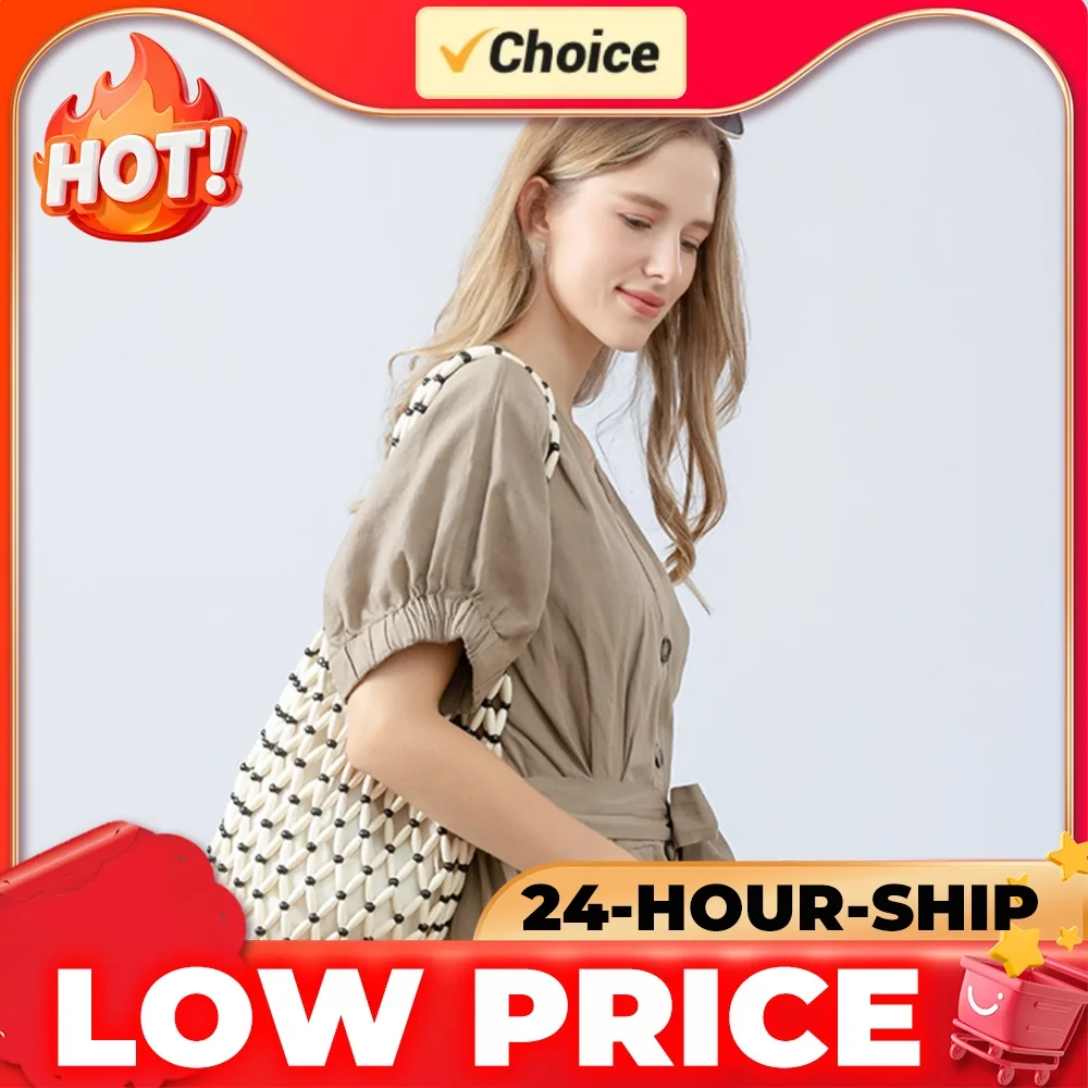 Wooden Beading Bucket Shoulder Bag for Holiday Travels Date Handmade Beaded Shoulder Bag Casual Beach Handbag for Women
