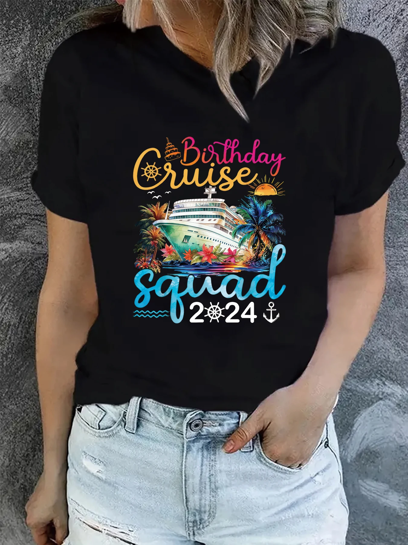 

2024 squad letter ship Graphic Funny T-Shirt Women Summer Fashion Harajuku Casual Round Neck Short sleeve Holiday style top tee