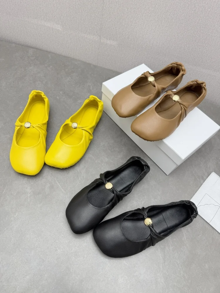 

Женская обувь на плоской подошве из натуральной кожи Mary Jane, модная балетная обувь в стиле ретро, плиссированная женская обувь с головой манго