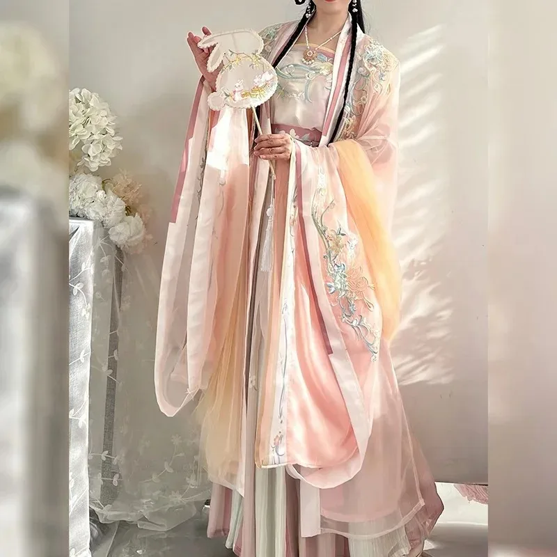 

Китайское платье Ханьфу с вышивкой, широкими рукавами, градиентным переходом цвета, оригинальный костюм для вечеринок, сценических выступлений, косплея, розово-голубое