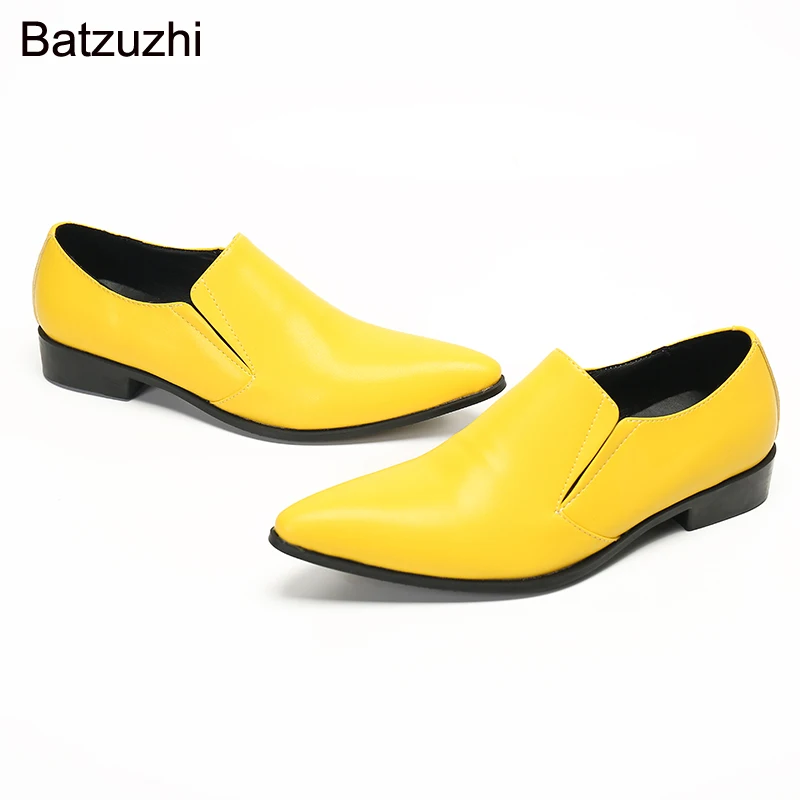 Batzuzhi Fashion Handmade Men\'s Shoes Bright Color Yellow Men Leather Dress Shoes Pointed Toe Party and Wedding Shoes Male!