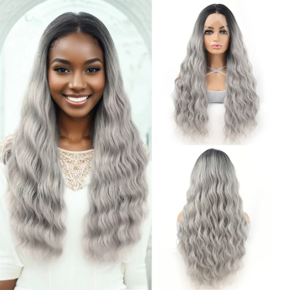 

13*4 Парик Фронта Шнурка Ocean Water Глубокая Волна Парики Фронта Шнурка 28 дюймов Ombre Коричневый Серый 13X4 HD Синтетический Парик Фронта Шнурка для Женщин